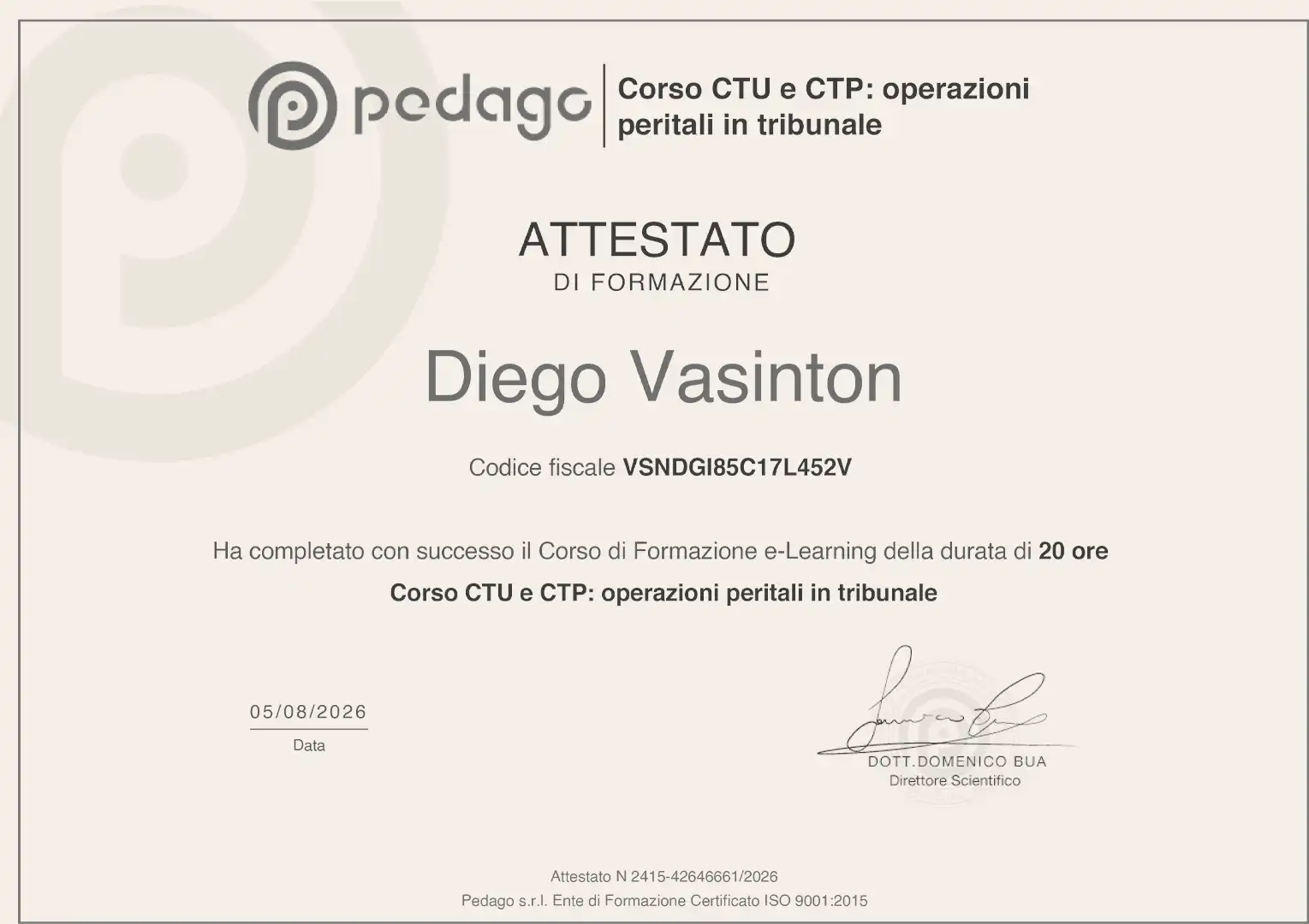 Diego Vasinton: Attestato Corso CTU e CTP: operazioni peritali in tribunale