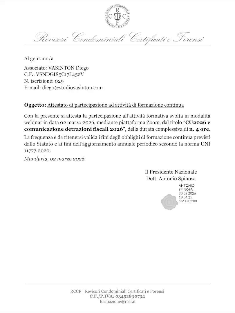 Diego Vasinton: Attestato di Revisore Condominiale