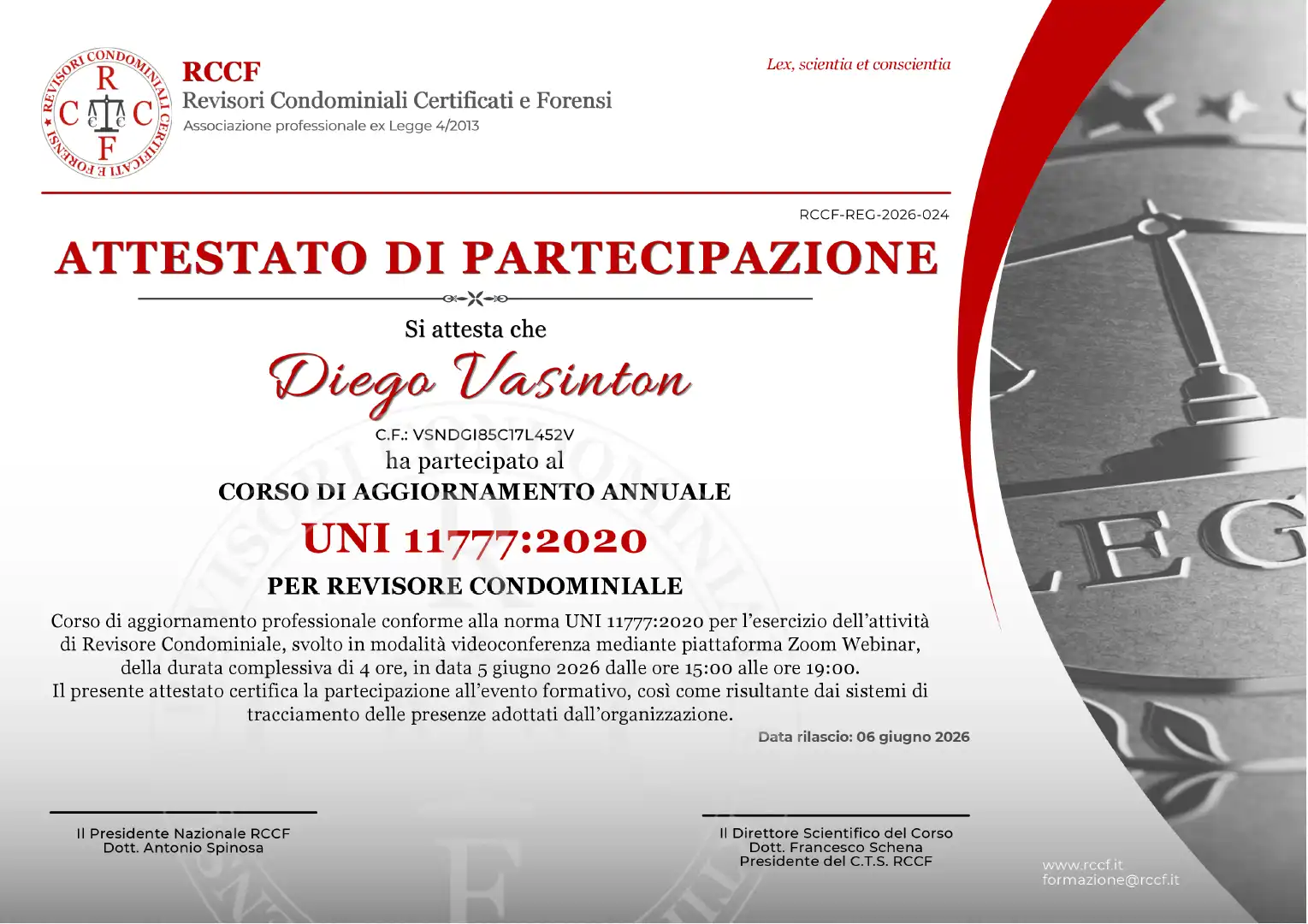 Diego Vasinton: Attestato di Amministrazione Condominiale - Aggiornamento 2026
