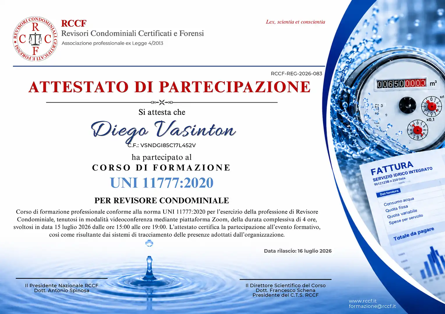 Diego Vasinton: Attestato di Amministrazione Condominiale - Corso di Formazione UNI 11777:2020