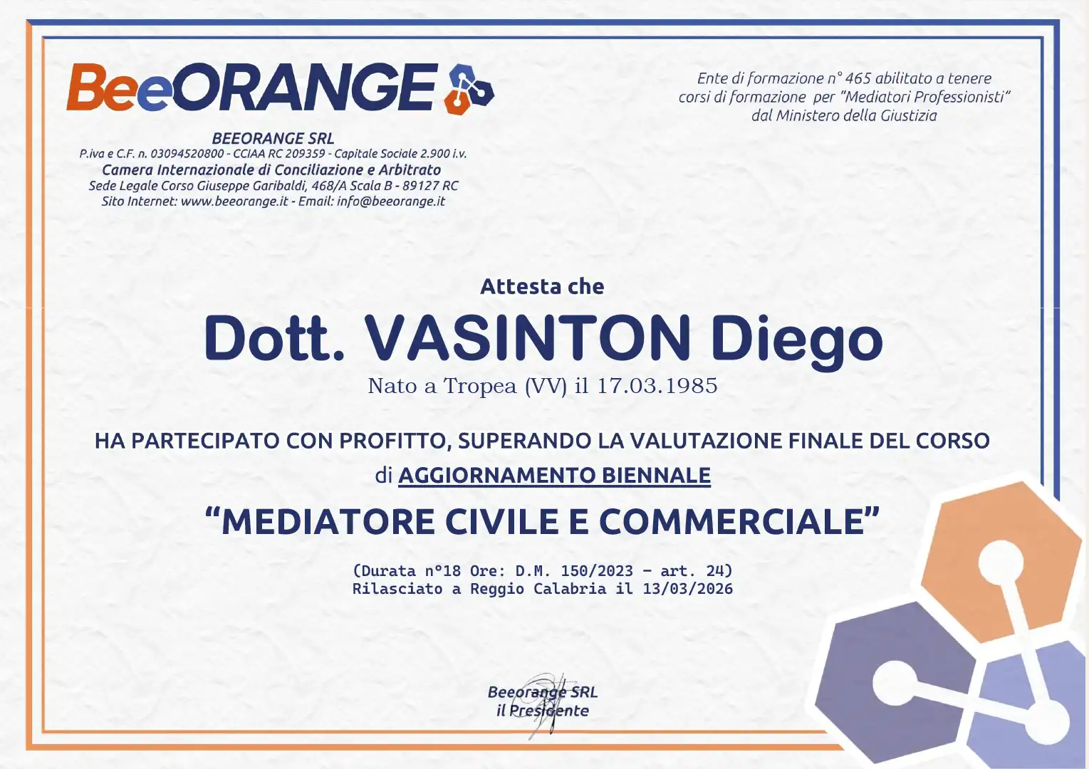 Diego Vasinton: Attestato di Mediatore Civile e Commerciale